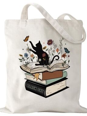 Cute Cat Canvas Tote Bag Aesthetic Reusable Shoulder Bag for Cat Lovers